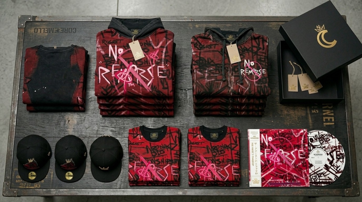 The No Remorse collection laid out: hoodies, tees, caps, the EP and a gift box