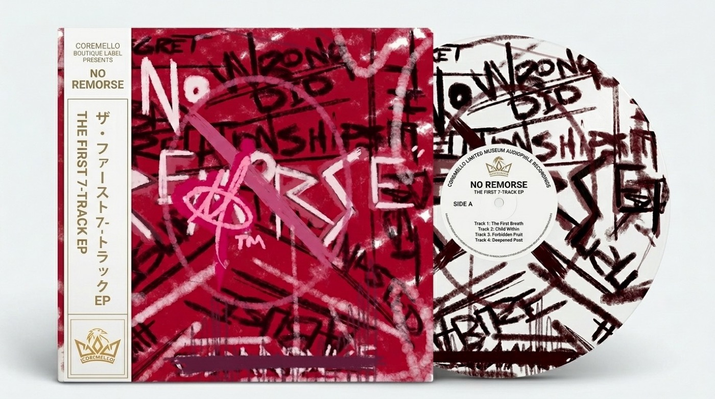 The No Remorse seven-track EP: a red sleeve with hand-drawn lettering and a white vinyl record