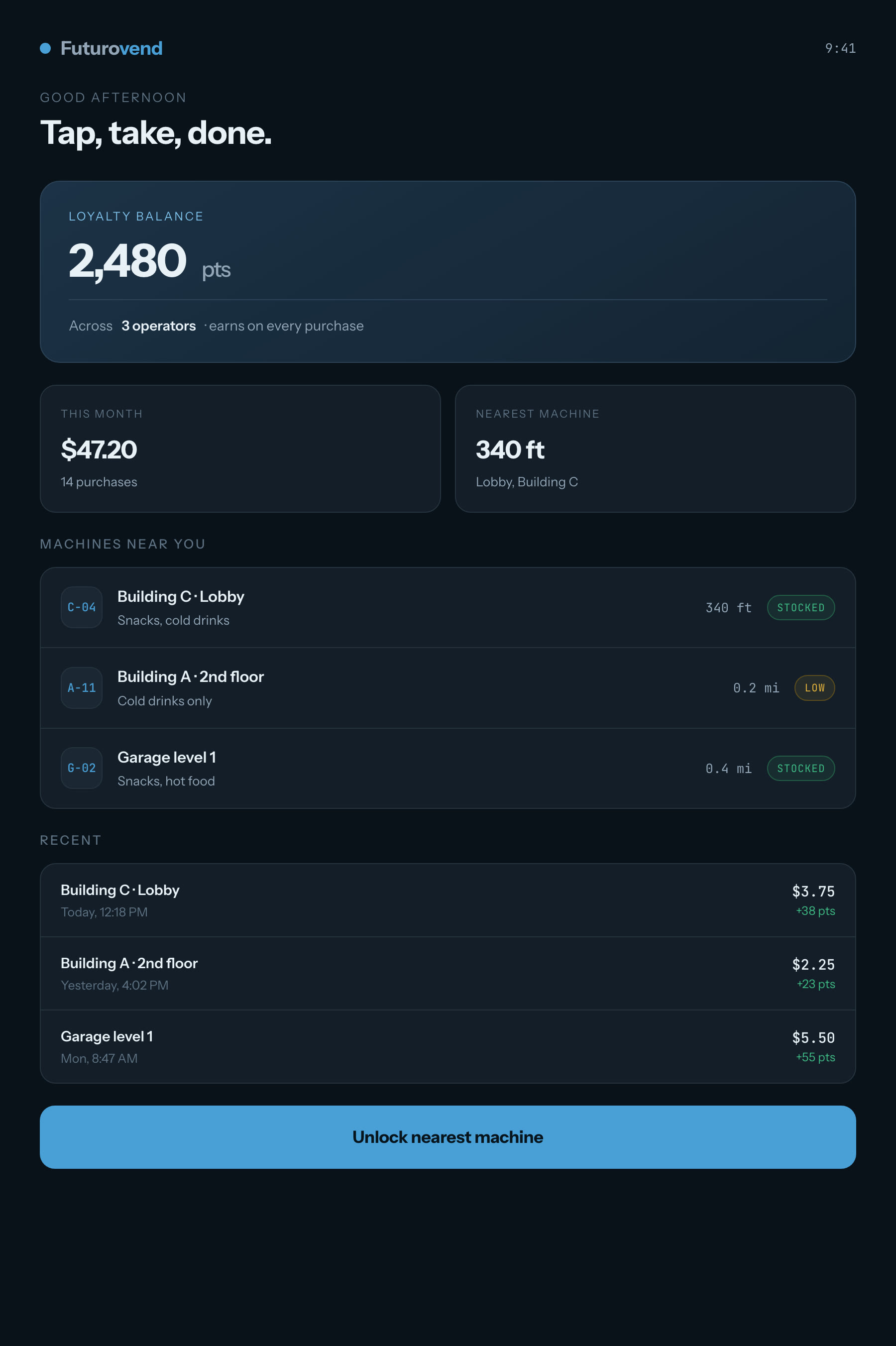 Futurovend customer app: loyalty balance, nearby machines and recent purchases